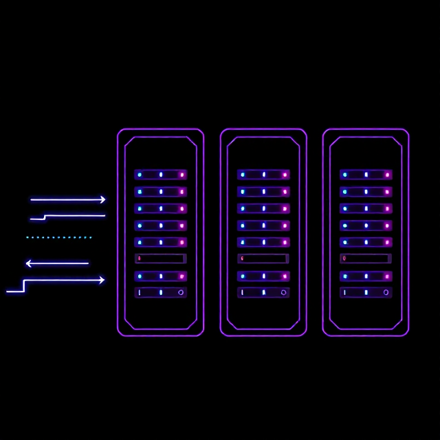 A row of server racks receiving dashed streams of audio.